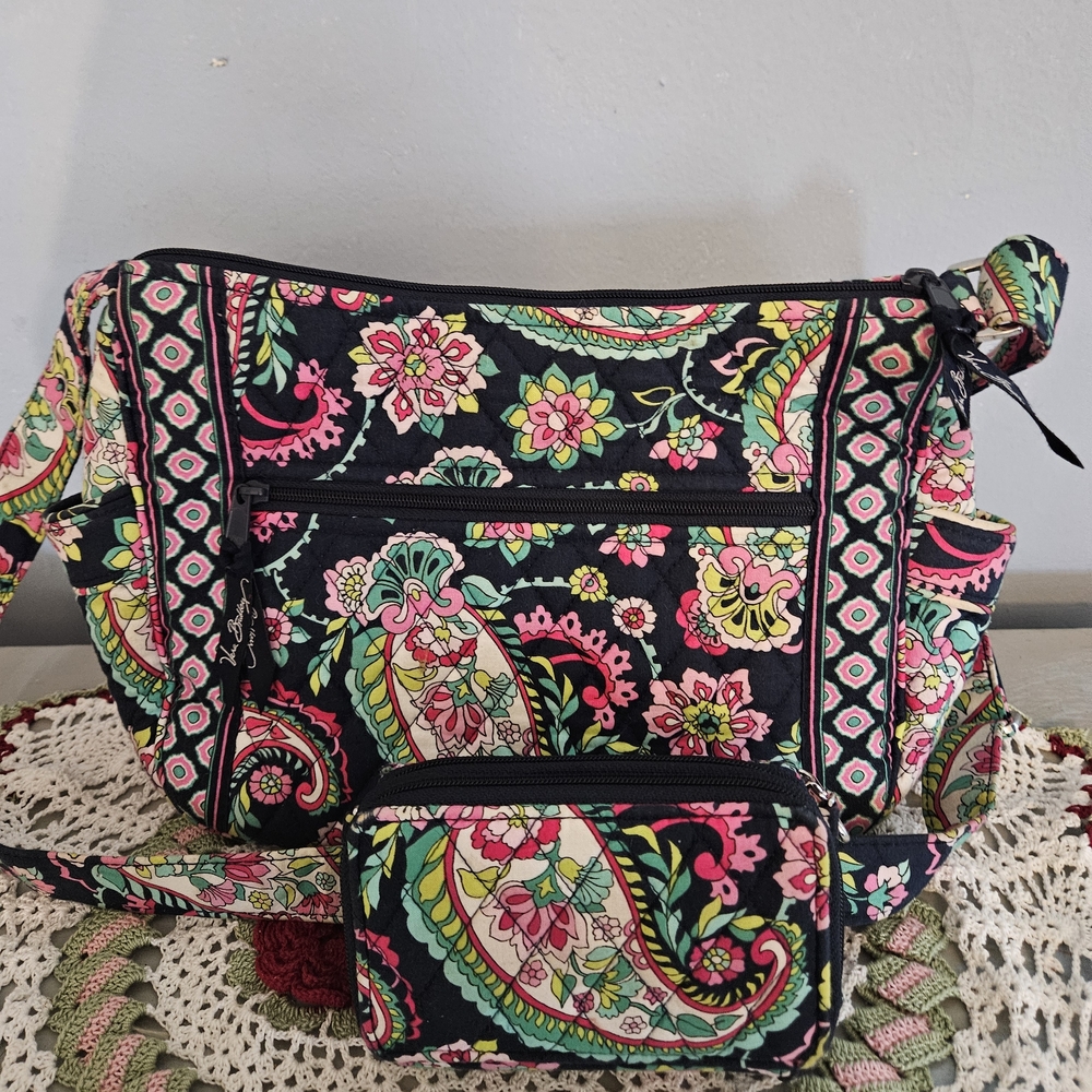 Vera Bradley Set Paisley Quilted Crossbody Bag in Black and Pink